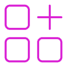 three squares and a plus symbol positioned in a square format pink
