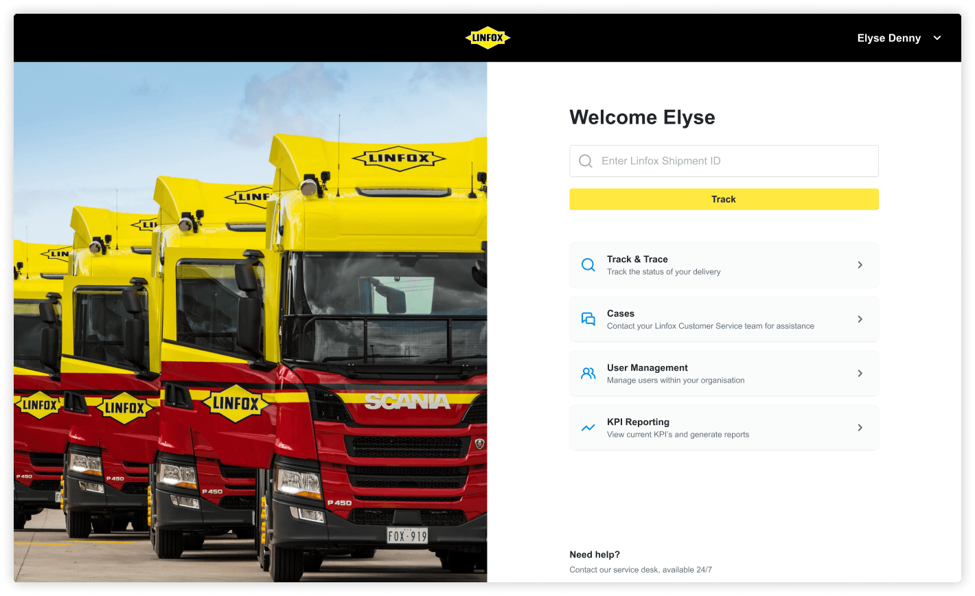 The Linfox online portal welcome screen greets the user "Elyse" and features large, bold images of a row of bright yellow and red Linfox trucks. The right side of the screen offers prominent menu options for tracking and tracing shipments, managing cases, user management, and viewing KPI reporting. A helpful search bar enables users to enter a shipment ID for tracking.