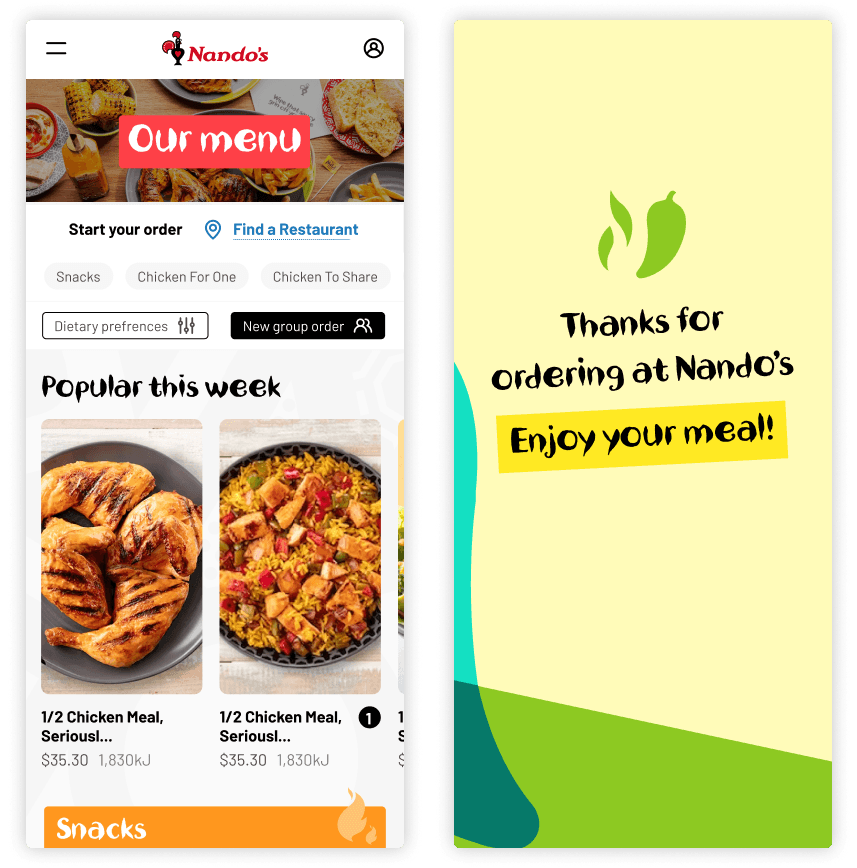 Mobile screens showing Nando’s online menu, featuring popular chicken meals and ordering options, alongside a thank you message that reads 'Thanks for ordering at Nando’s. Enjoy your meal!' on a cheerful, colourful background with green accents.
