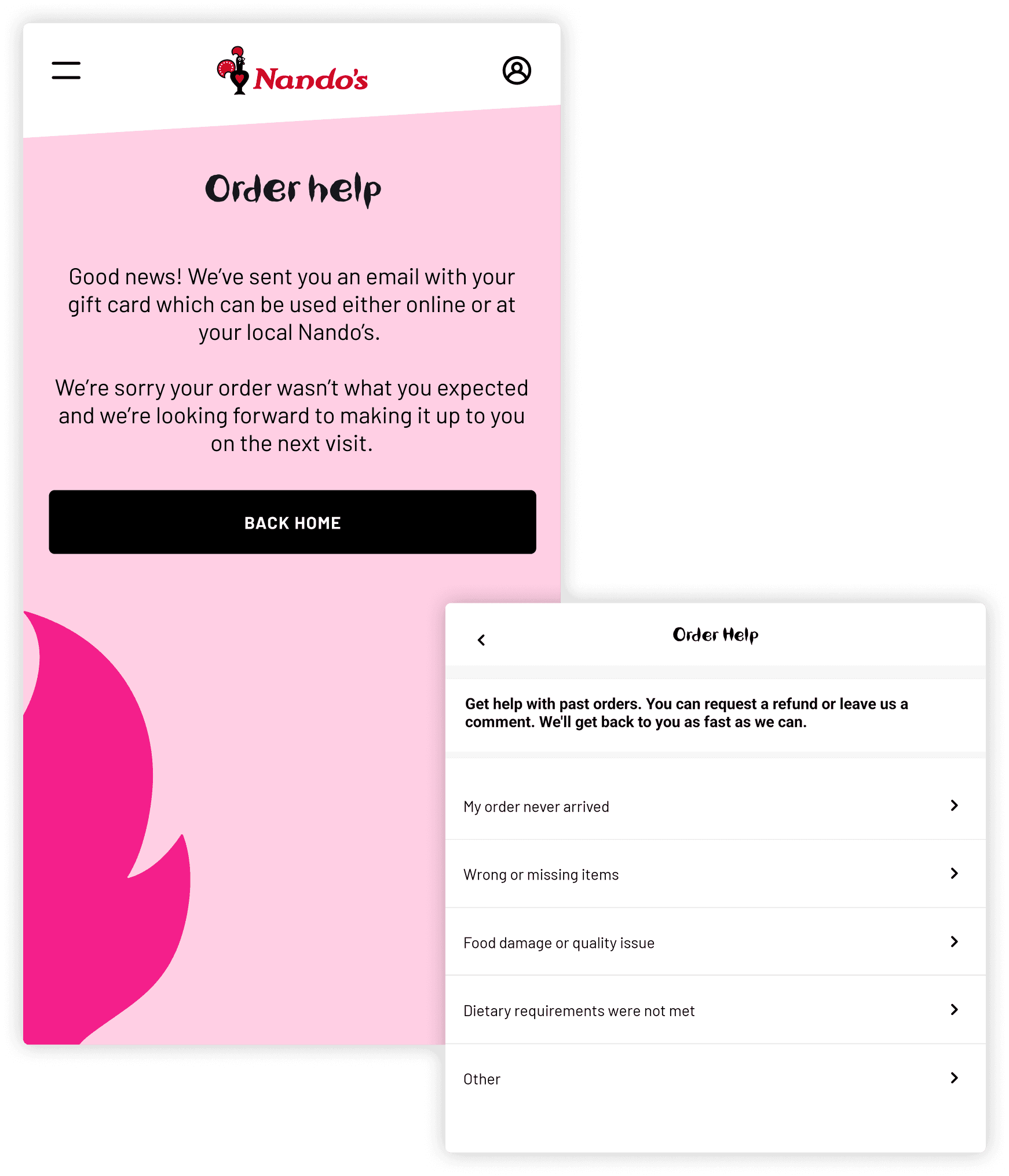 Nando's Automated Refund app screen