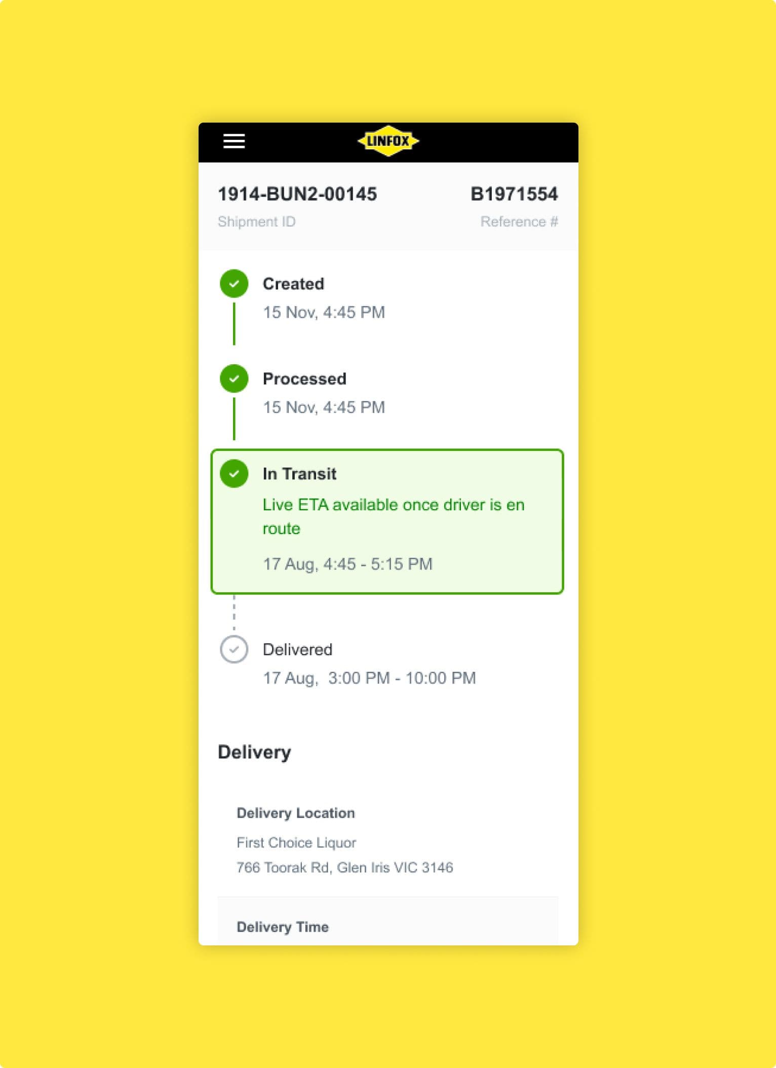 A mobile-friendly Linfox tracking interface on a yellow background shows a shipment’s progress timeline. Steps include “Created,” “Processed,” “In Transit” (with estimated time of arrival), and “Delivered.” The delivery location (First Choice Liquor, Glen Iris, VIC) and delivery time window are listed at the bottom.