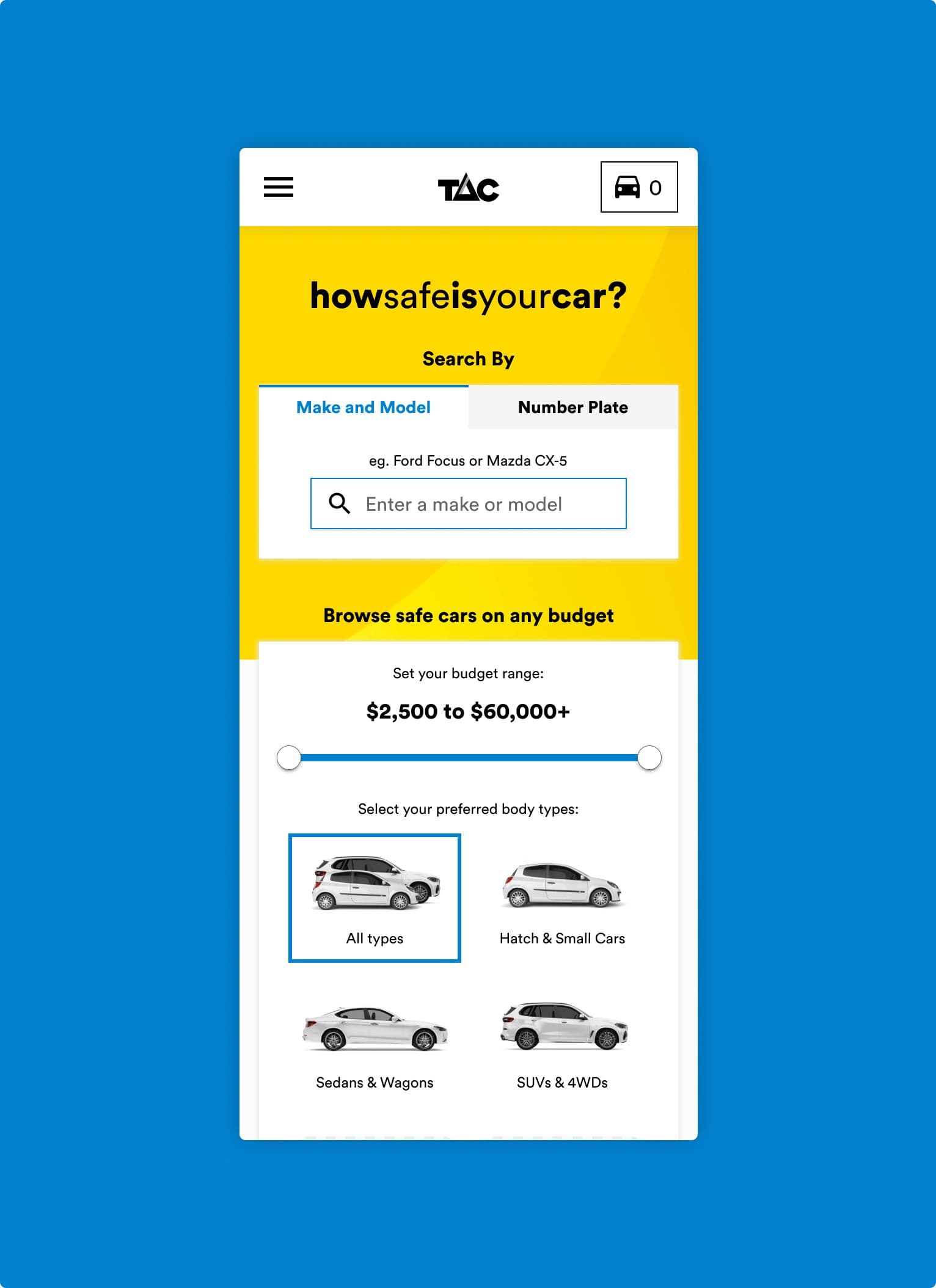 A website interface is displayed on a mobile screen, showcasing a car safety search tool branded “TAC.” The design is bright with a yellow background and a bold heading that reads, “howsafeisyourcar?” Users can search for car safety ratings by entering a make or model, or by number plate. There is a slider to set a budget range from $2,500 to $60,000+, and options to choose preferred car body types—All types, Hatch & Small Cars, Sedans & Wagons, or SUVs & 4WDs. Clean icons and friendly visuals make the tool easy to use and approachable for all audiences.