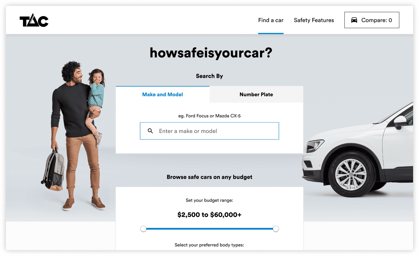 A family-friendly website features a search tool for car safety based on make or number plate, with an inviting visual of a parent holding a child beside a modern white SUV. A slider allows users to set their budget range for finding safe cars.