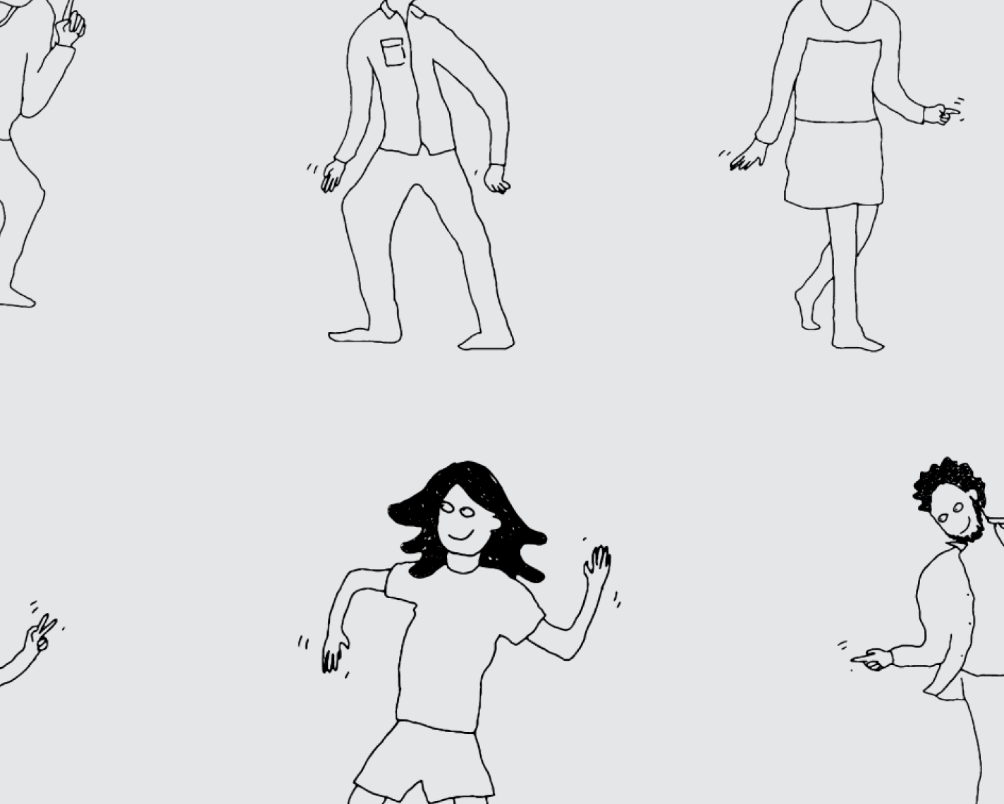 Minimalist line drawing of people dancing or moving. Each figure is hand-drawn in a simple, playful style on a light background.