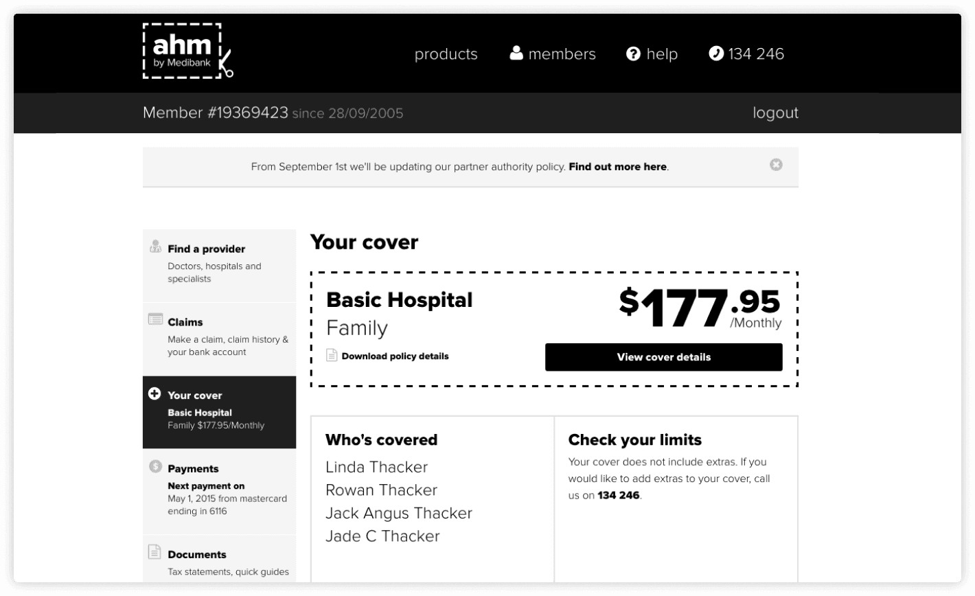 AHM member portal showing a summary of Basic Hospital Family Cover details, including monthly price, covered family members, and links to view cover and check limits.