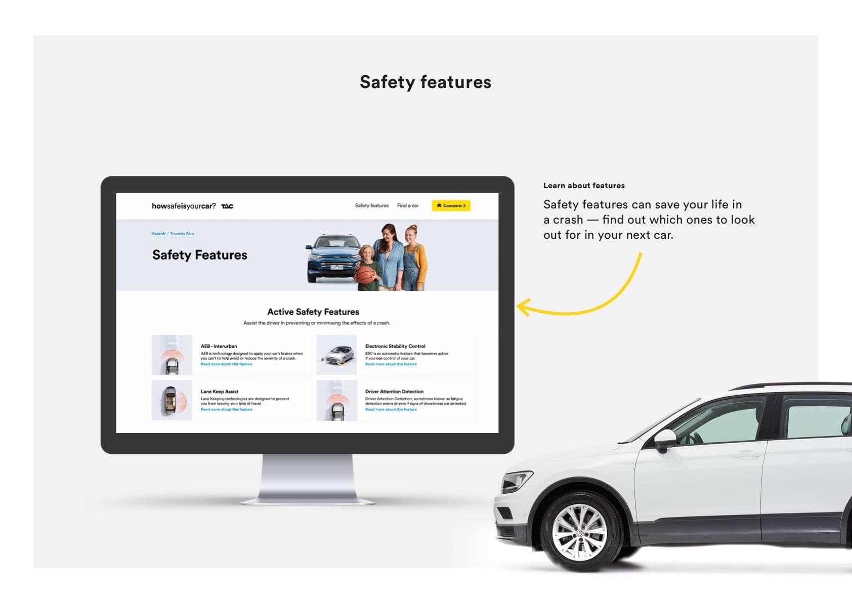 "Safety Features page of TAC’s How Safe Is Your Car website shown on a desktop screen, highlighting car safety features and a family in front of a car"