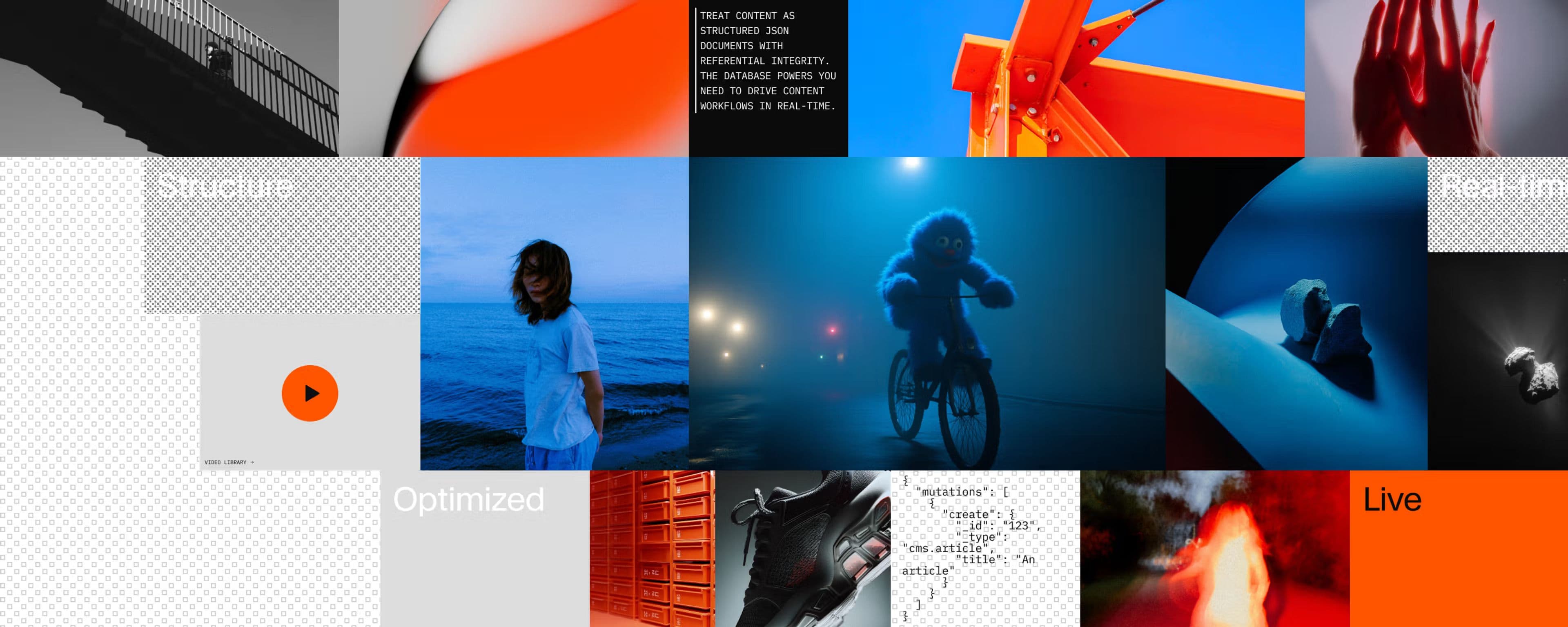 Mosaic of vivid photographs and graphical elements, including people, objects, and digital patterns in blue, red, and grey, with layered text phrases such as "Structure," "Optimized," and "Live."