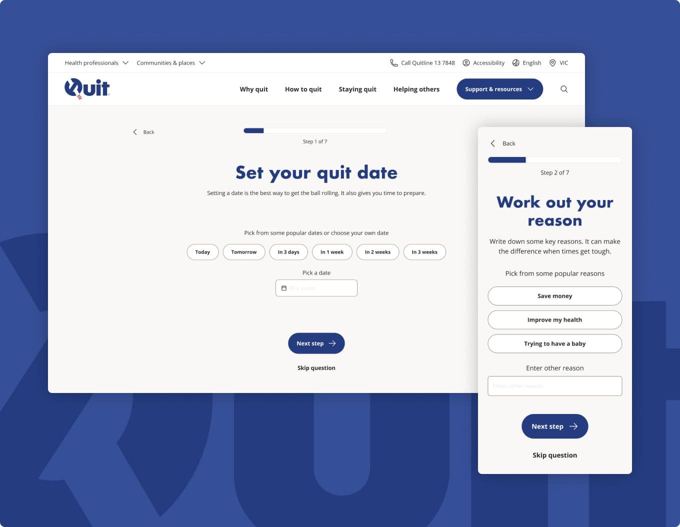 quit.org.au website screenshots - user journey