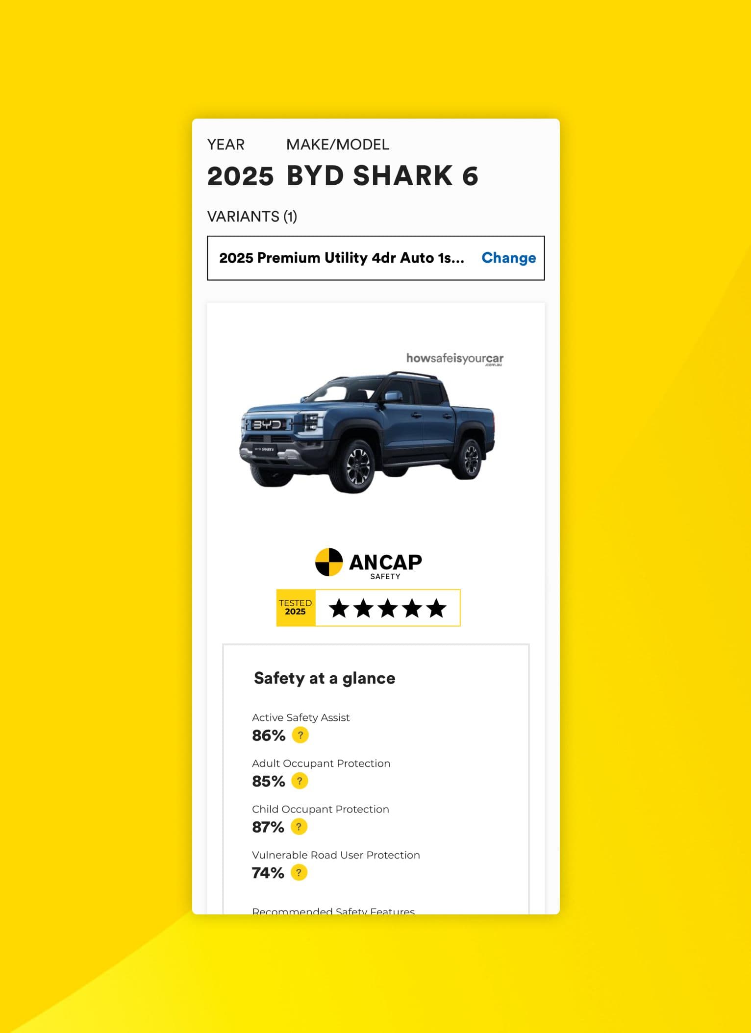 A digital interface displays the 2025 BYD Shark 6, a blue utility vehicle, alongside an ANCAP safety rating of five stars. Safety scores for different categories are listed, including Active Safety Assist (86%), Adult Occupant Protection (85%), Child Occupant Protection (87%), and Vulnerable Road User Protection (74%).