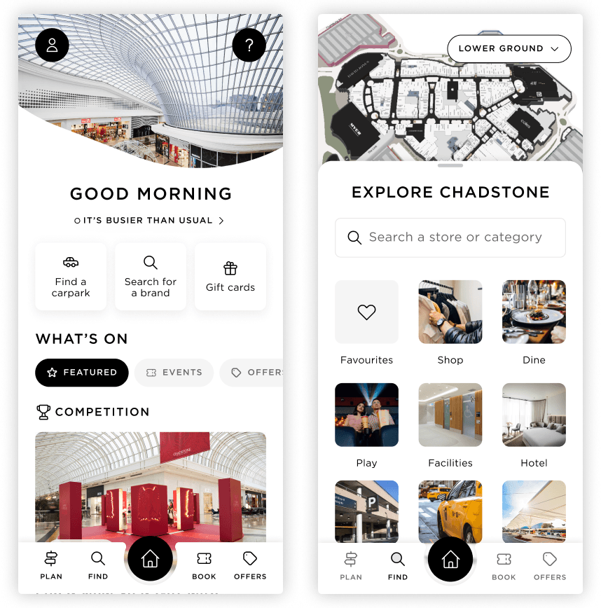 Two mobile app screens feature a shopping centre interface, including the main navigation menu. The left screen shows options like find a carpark and gift cards, while the right screen displays a map with categories for shopping, dining, and facilities.