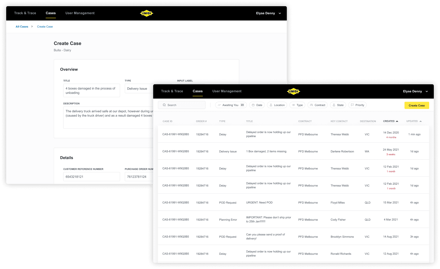 A digital dashboard for Linfox is shown with a case management interface. The interface displays two overlapping views: one is a detailed form for creating a new case about delivery issues, including fields like title, type, description, customer reference number, and purchase order number. The other view lists multiple existing cases, allowing users to search, filter by criteria such as date and location, and review case status, contact, and updates.