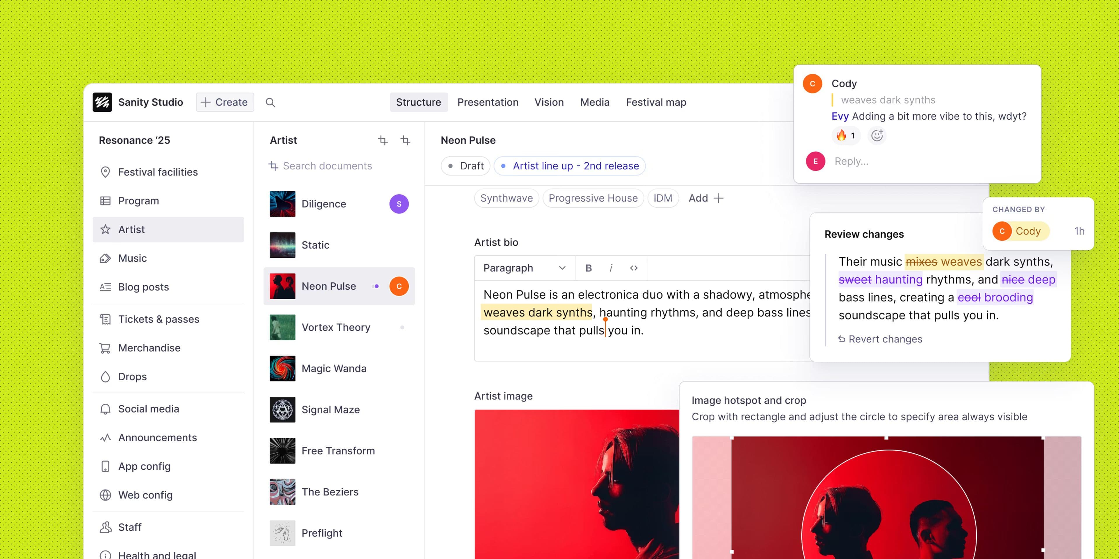 Screenshot of a content management dashboard with a festival artist line-up, including profile edits, review comments, and a red-toned band image on a dotted yellow background.