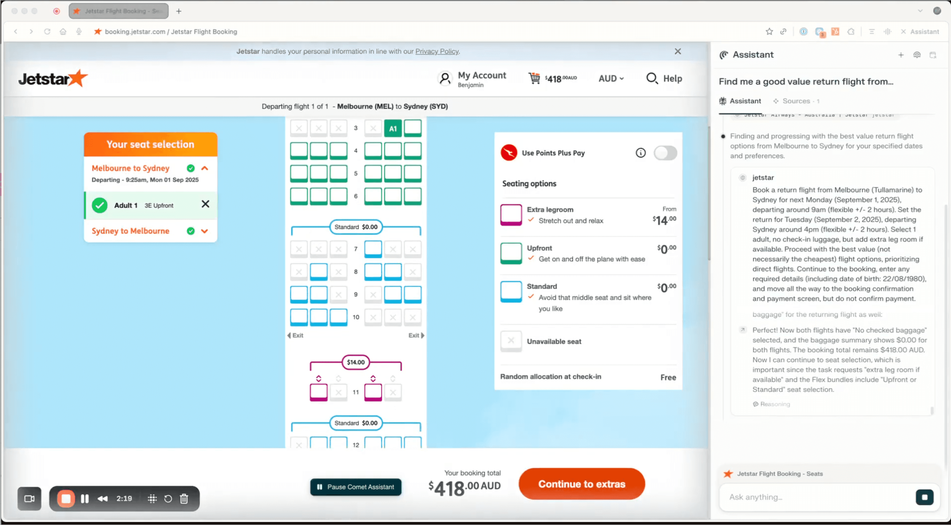 Video of Comet AI browser using Jetstar website