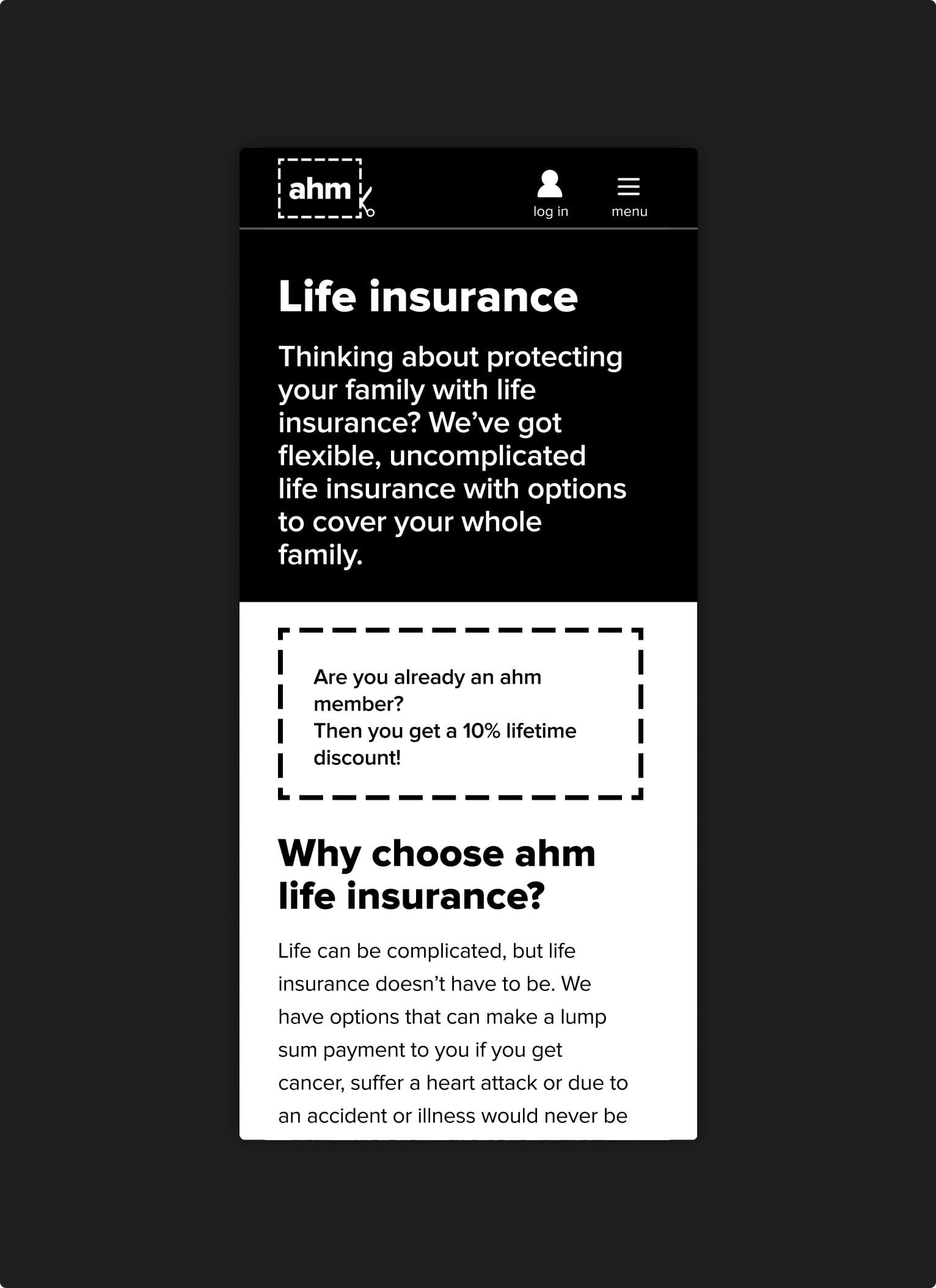 AHM mobile website page for life insurance, featuring a bold heading, a brief description of flexible family cover, a 10% discount offer for members, and reasons to choose AHM life insurance.