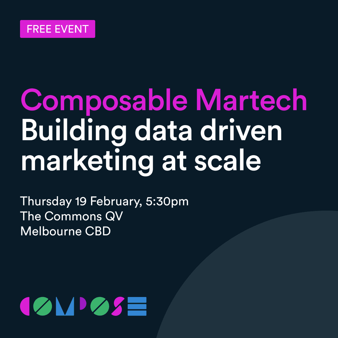 A digital banner promoting aan upcoming event, Composable Martech.