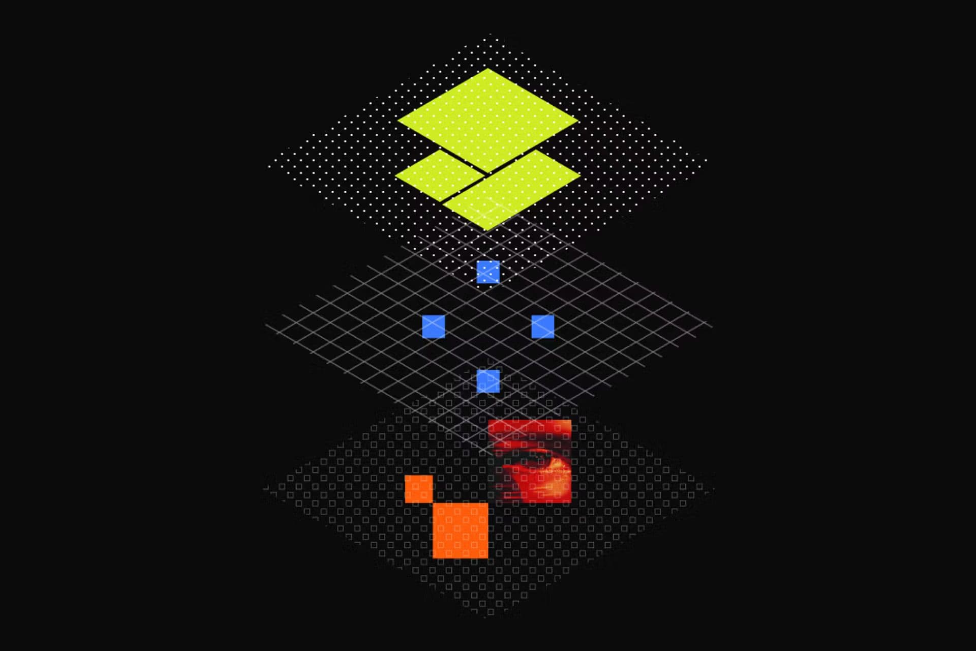 Abstract digital illustration showing overlapping geometric shapes in yellow, blue, and orange on a black background, connected by grid and dot patterns.