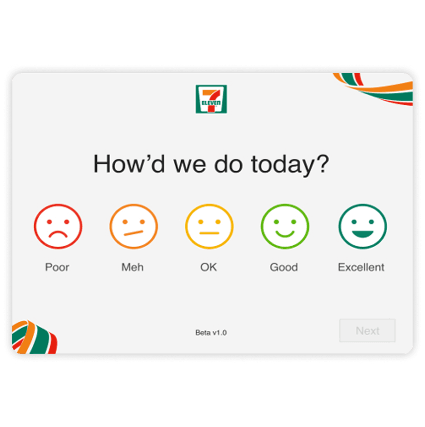 A customer feedback screen showing five smiley face options ranging from poor to excellent with the 7-Eleven logo