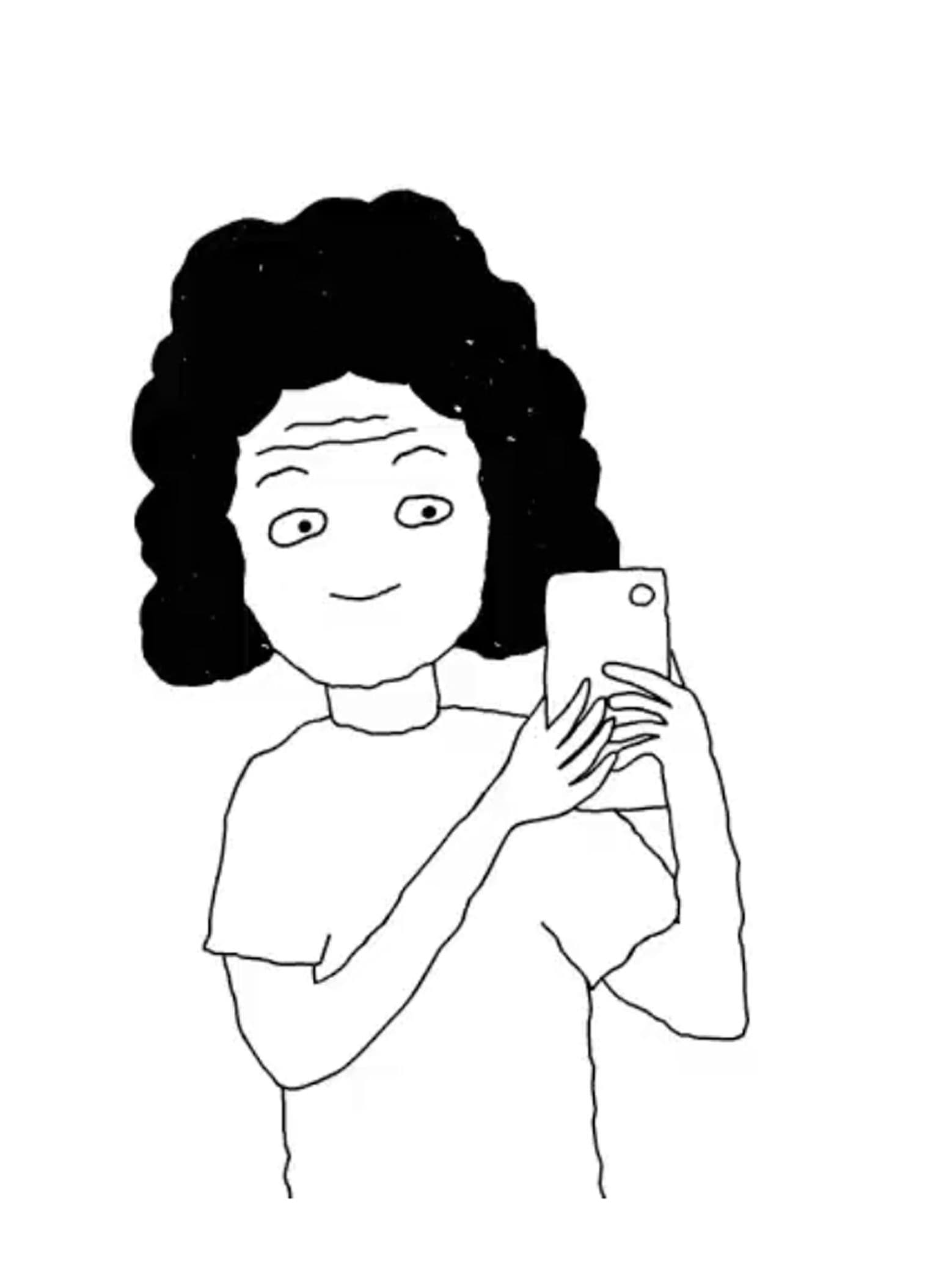 Simple black and white line drawing of a person with curly hair, smiling while holding and looking at a smartphone.