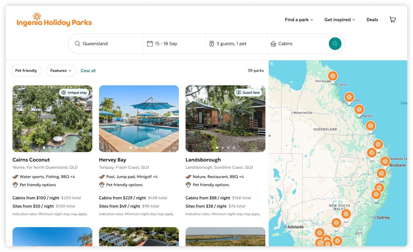 Ingenia Holiday Parks homepage showing hero banner and search functionality
