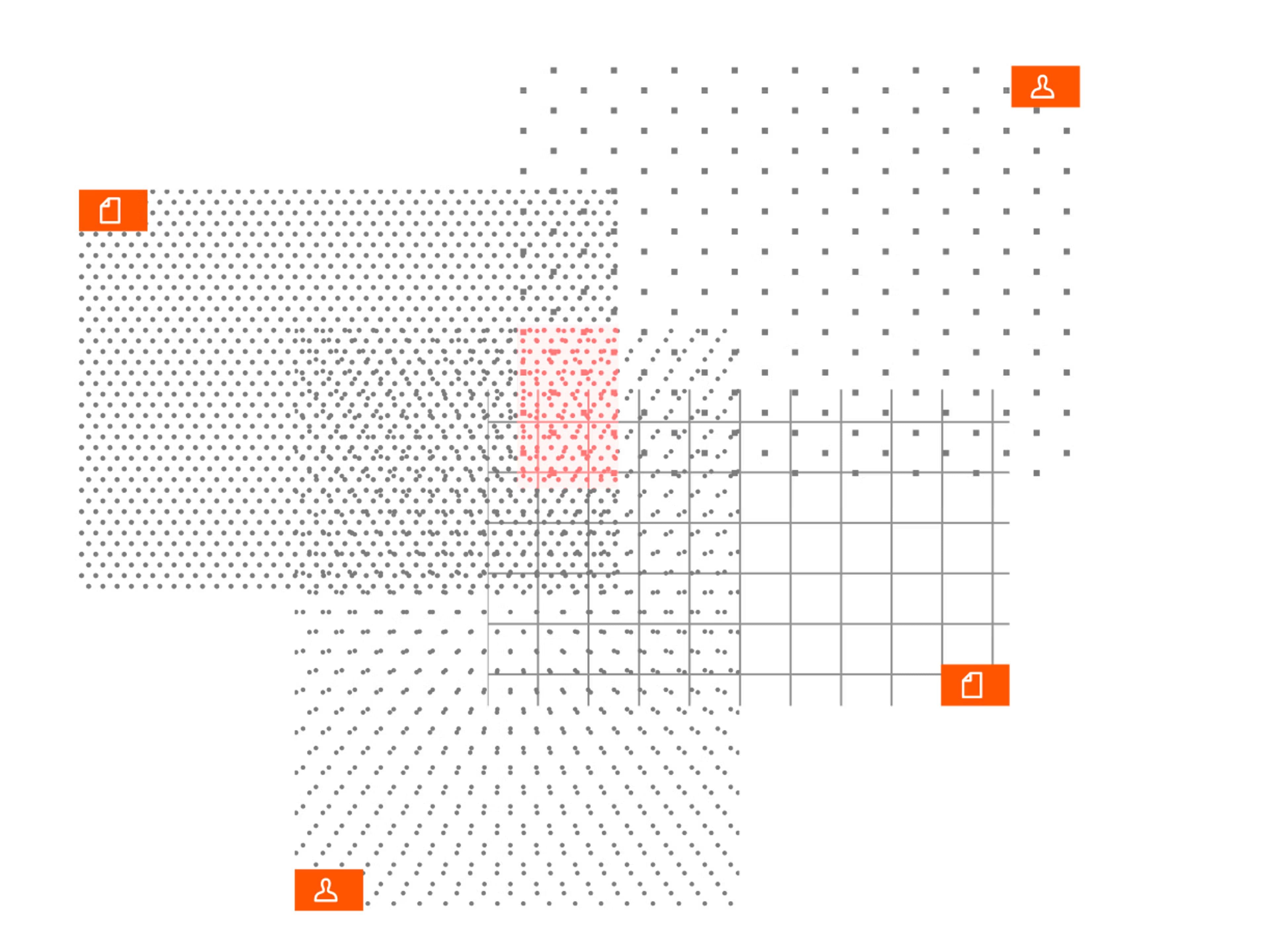 Minimalist graphic featuring various overlays of grid, dot, and square patterns, accented with orange icons in three corners.