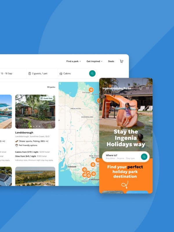 Image of Ingenia Holiday Parks new homepage on desktop and mobile device